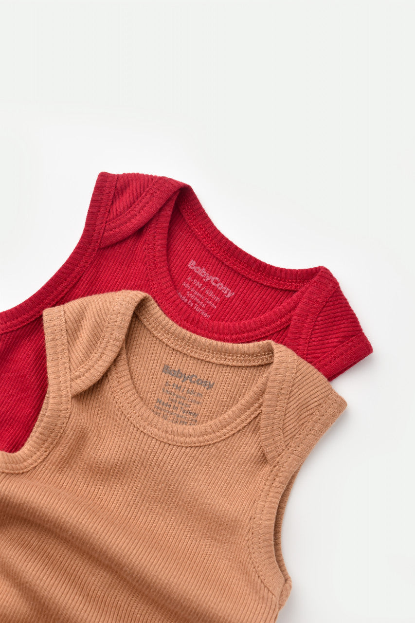 Set 2 body-uri fara maneci bebe unisex din bumbac organic si modal - Maro/Rosu, Baby Cosy