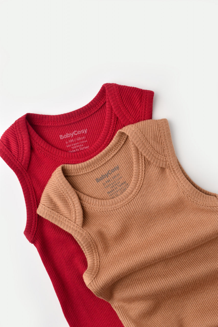 Set 2 body-uri fara maneci bebe unisex din bumbac organic si modal - Maro/Rosu, Baby Cosy