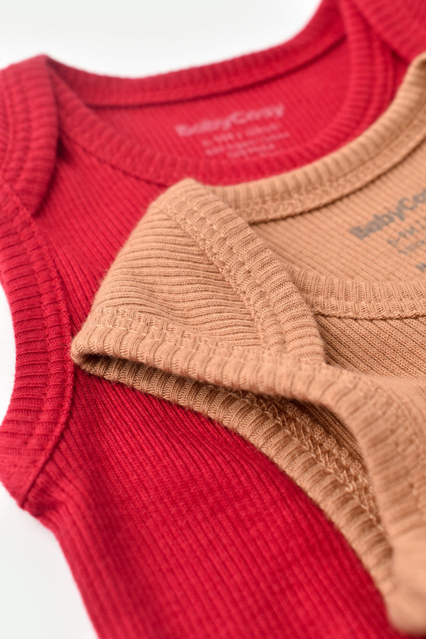 Set 2 body-uri fara maneci bebe unisex din bumbac organic si modal - Maro/Rosu, Baby Cosy