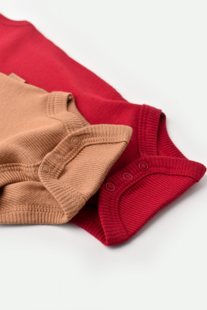 Set 2 body-uri fara maneci bebe unisex din bumbac organic si modal - Maro/Rosu, Baby Cosy