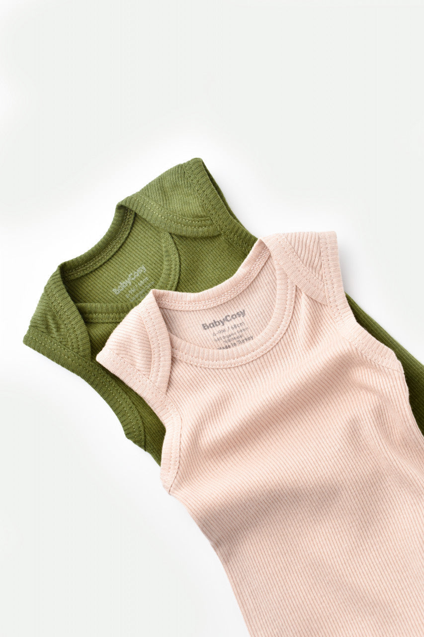 Set 2 body-uri fara maneci bebe unisex din bumbac organic si modal - Verde/Blush, Baby Cosy