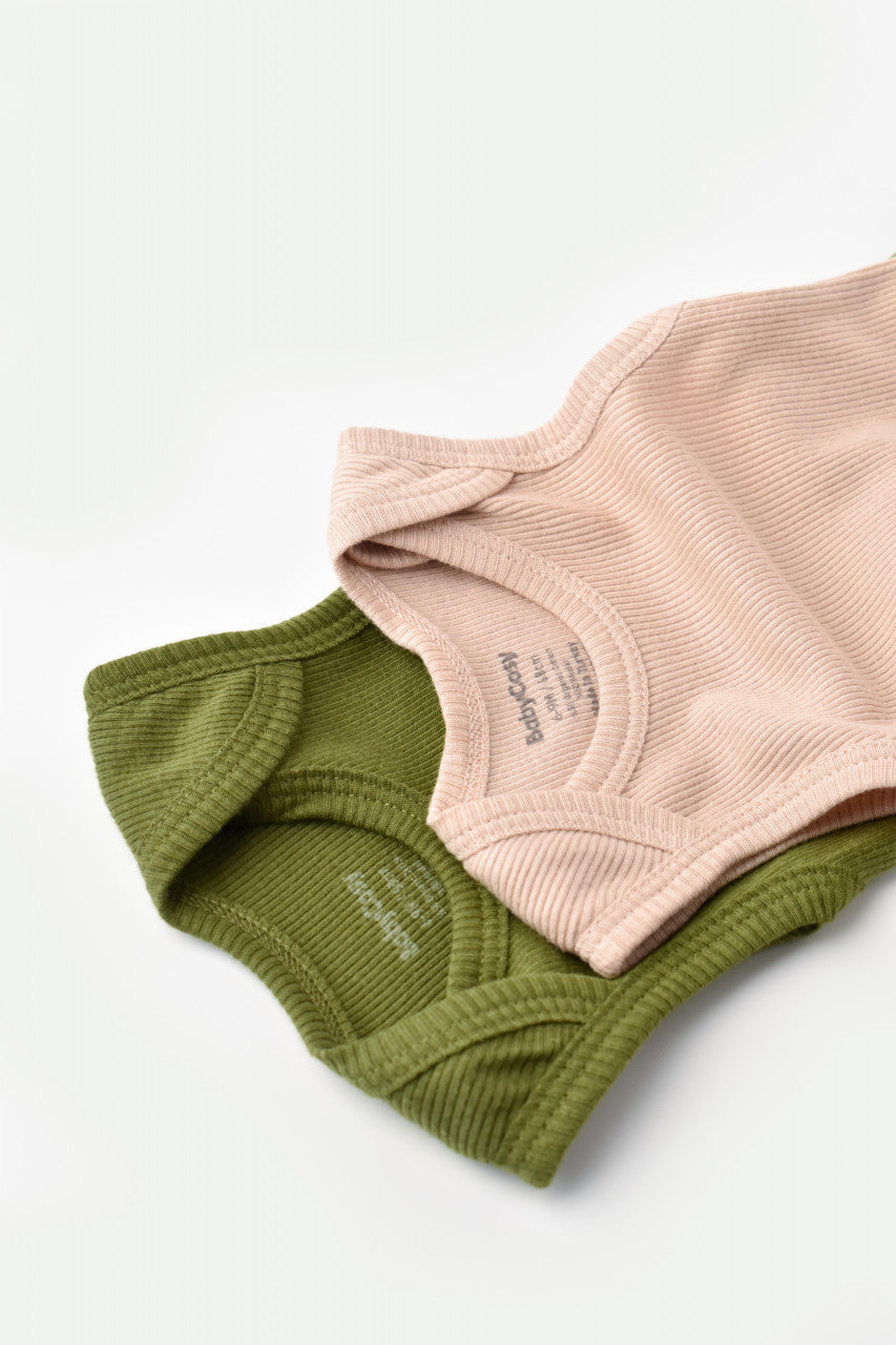 Set 2 body-uri fara maneci bebe unisex din bumbac organic si modal - Verde/Blush, Baby Cosy