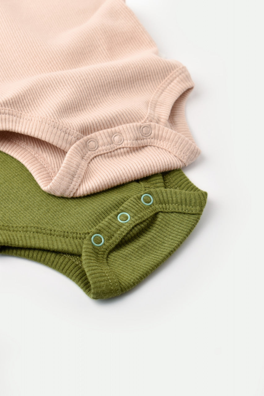 Set 2 body-uri fara maneci bebe unisex din bumbac organic si modal - Verde/Blush, Baby Cosy