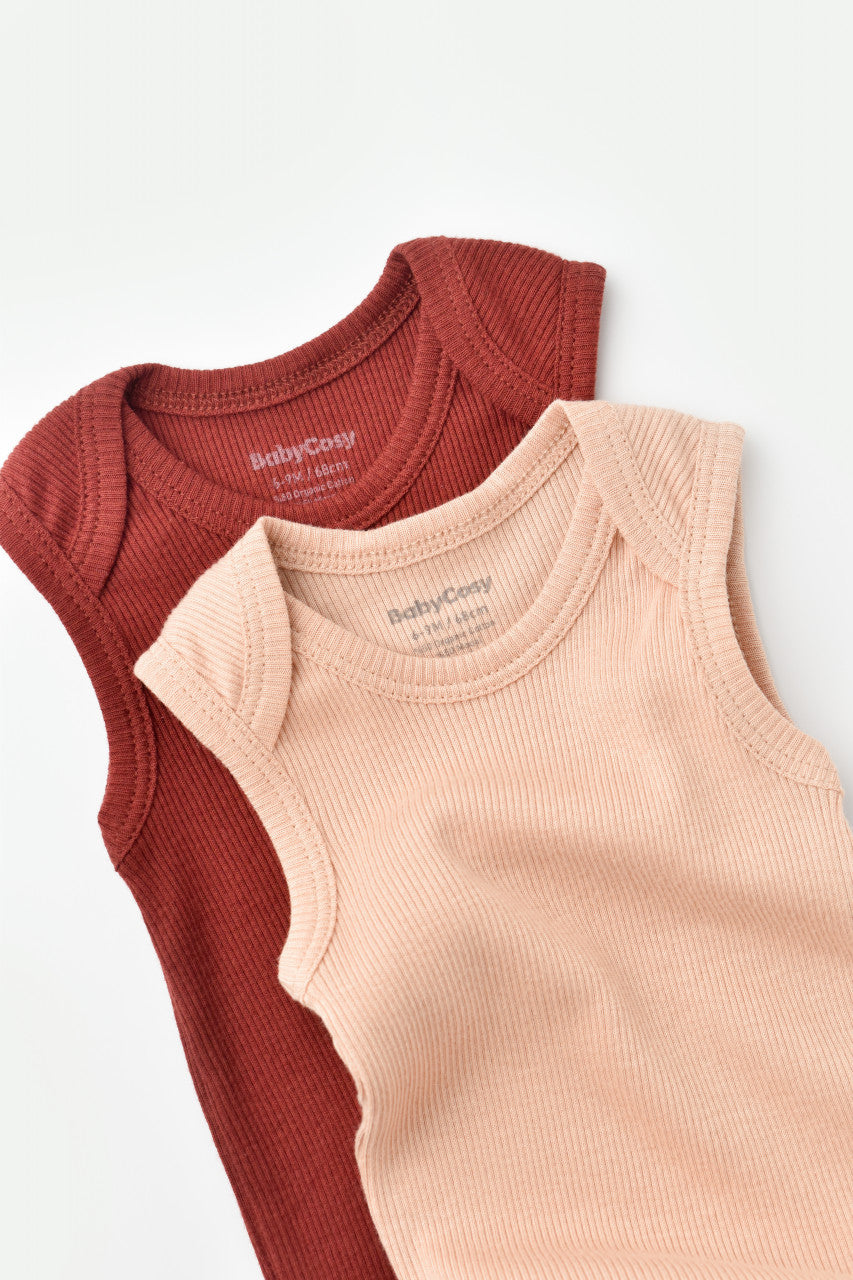 Set 2 body-uri fara maneci bebe unisex din bumbac organic si modal - Caramiziu/Somon, Baby Cosy