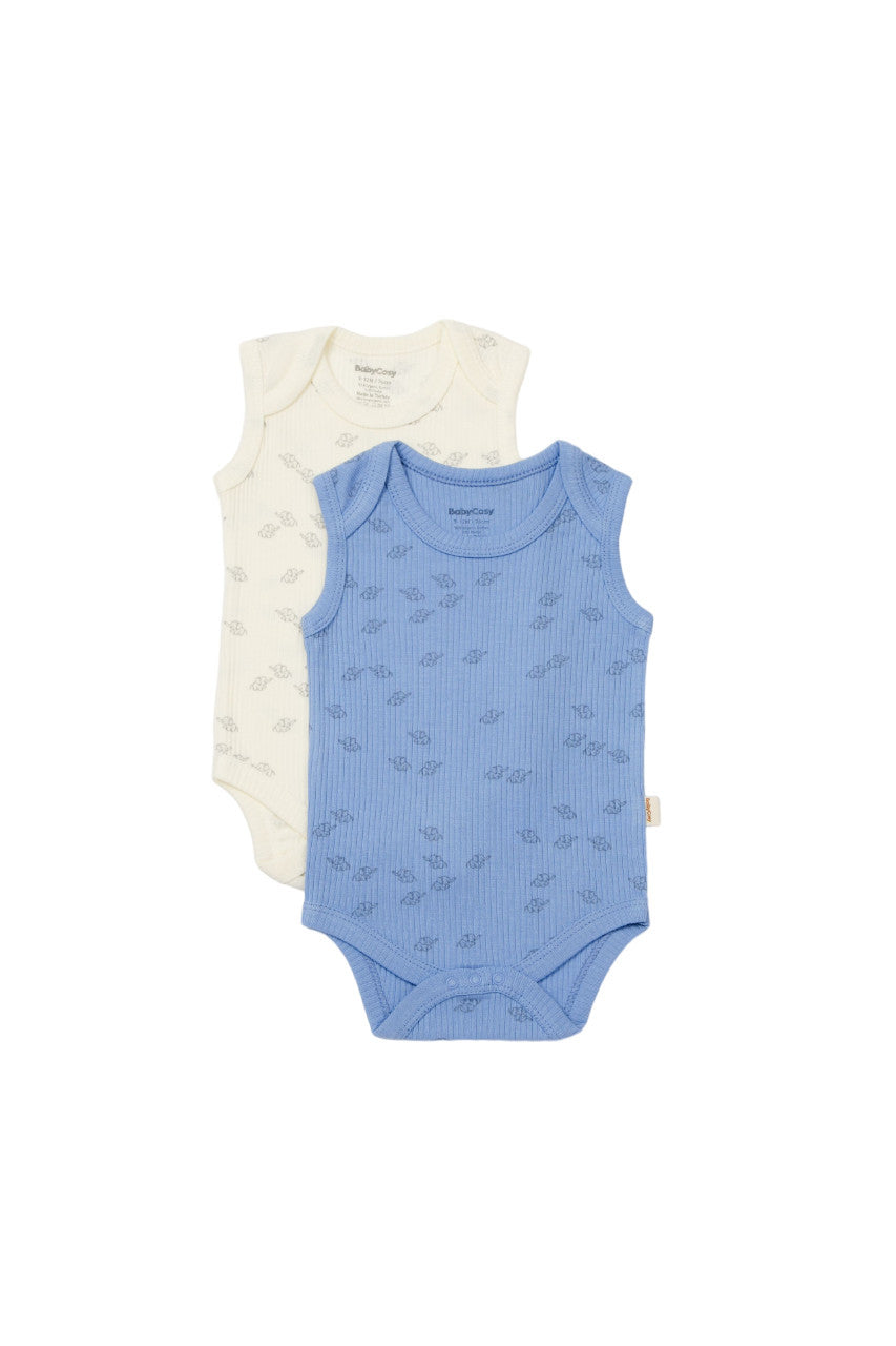 Set 2 body-uri fara maneci Printed, BabyCosy, 50% modal+50% bumbac, Ecru/Lavanda