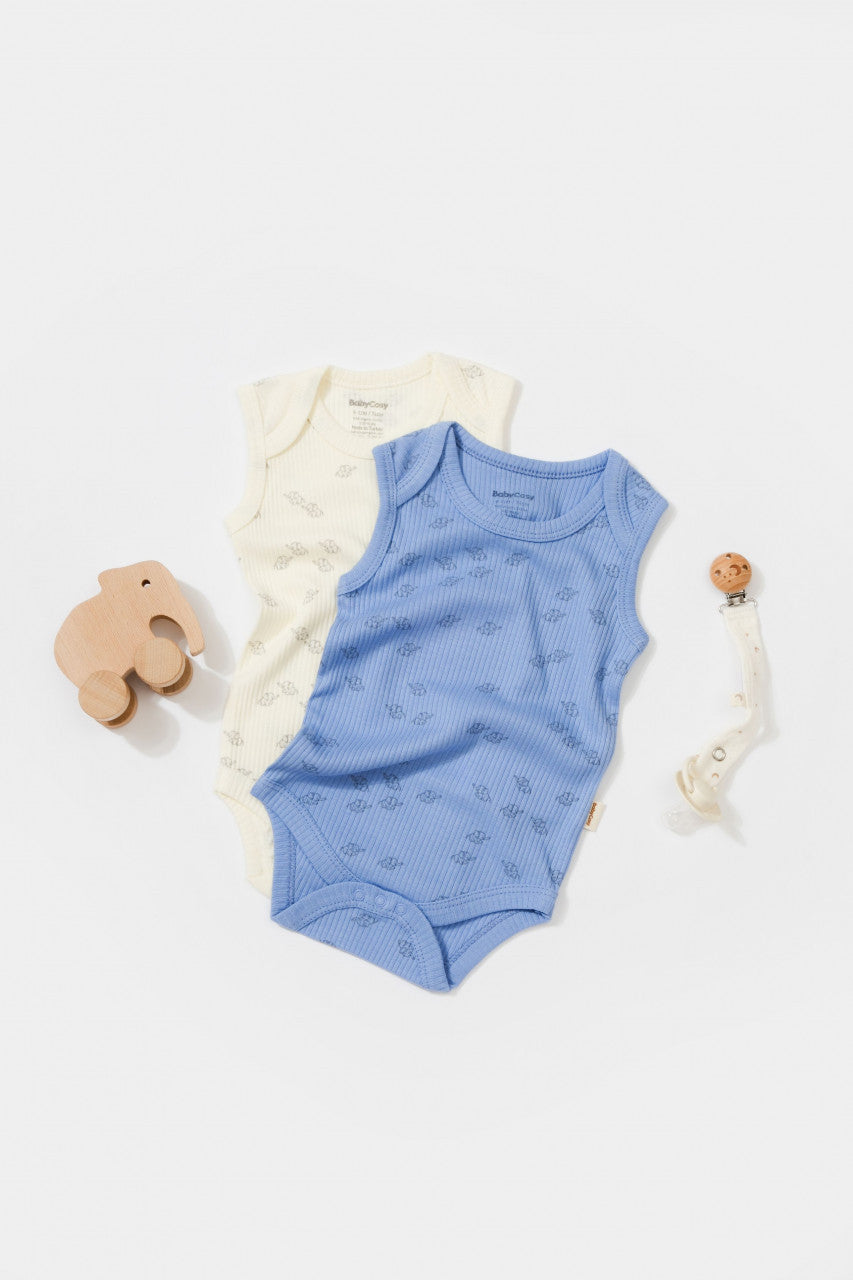 Set 2 body-uri fara maneci Printed, BabyCosy, 50% modal+50% bumbac, Ecru/Lavanda