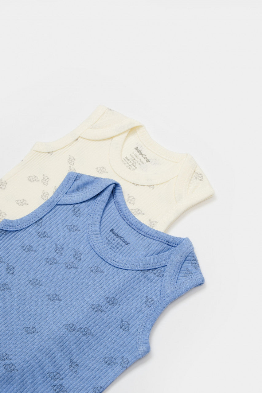 Set 2 body-uri fara maneci Printed, BabyCosy, 50% modal+50% bumbac, Ecru/Lavanda