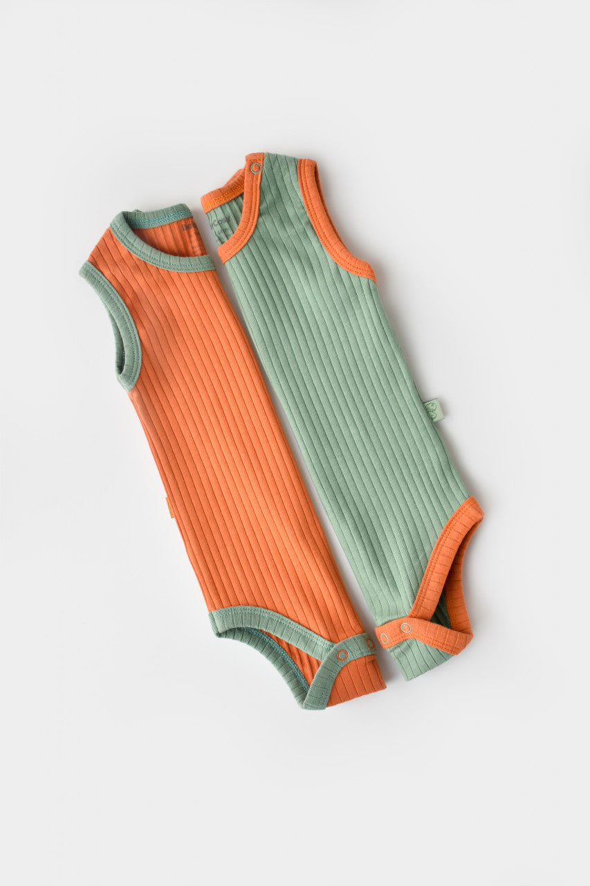 Set 2 body-uri fara maneci Ribana Bebe Unisex din bumbac organic si 5%elastan - Portocaliu/Verde