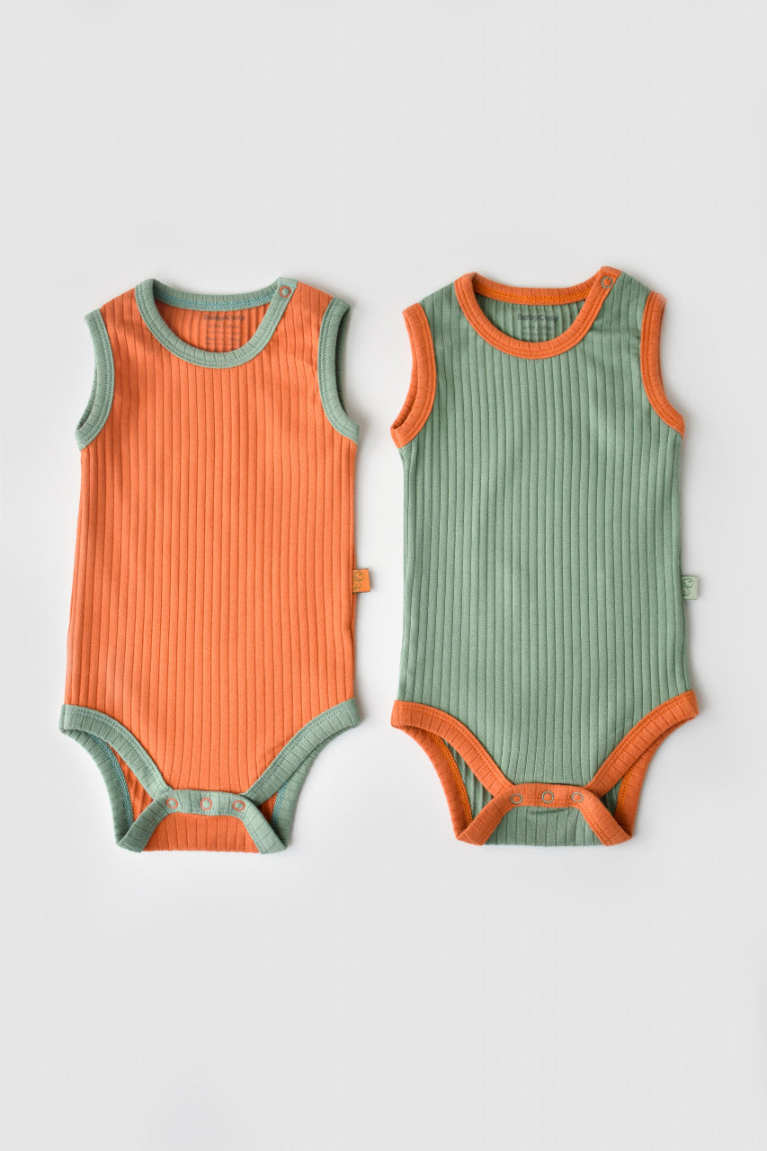 Set 2 body-uri fara maneci Ribana Bebe Unisex din bumbac organic si 5%elastan - Portocaliu/Verde