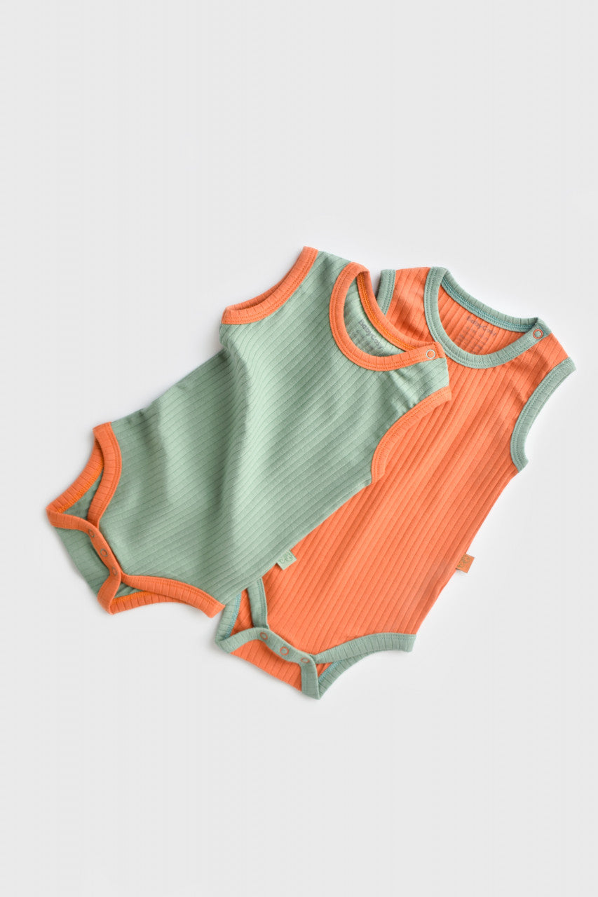 Set 2 body-uri fara maneci Ribana Bebe Unisex din bumbac organic si 5%elastan - Portocaliu/Verde