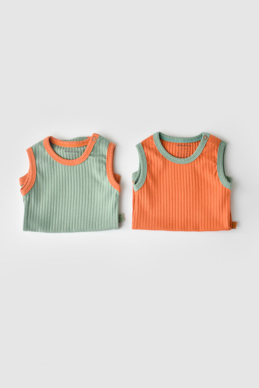 Set 2 body-uri fara maneci Ribana Bebe Unisex din bumbac organic si 5%elastan - Portocaliu/Verde