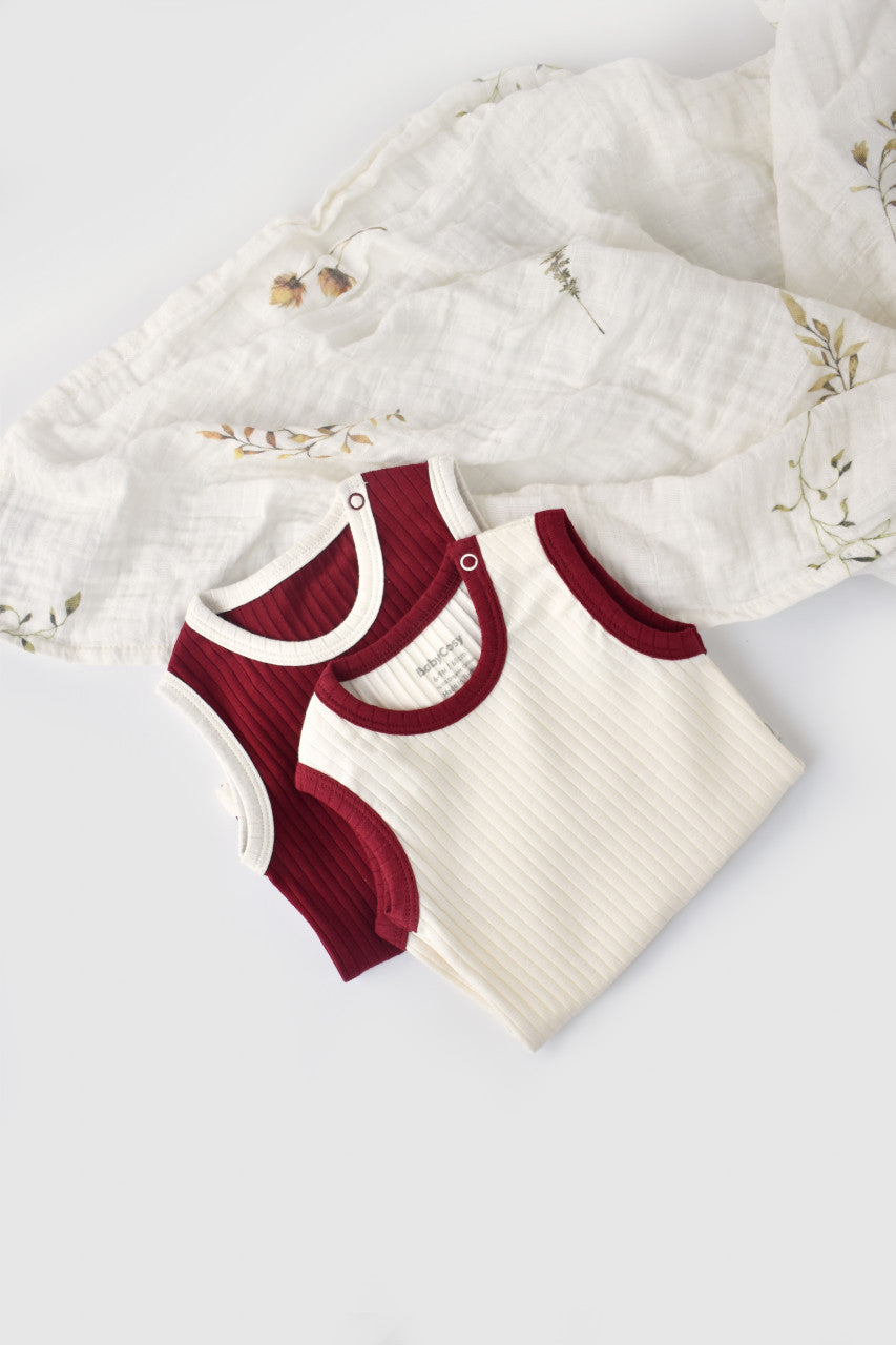 Set 2 body-uri fara maneci Ribana Bebe Unisex din bumbac organic si 5%elastan - Ecru/Bordo