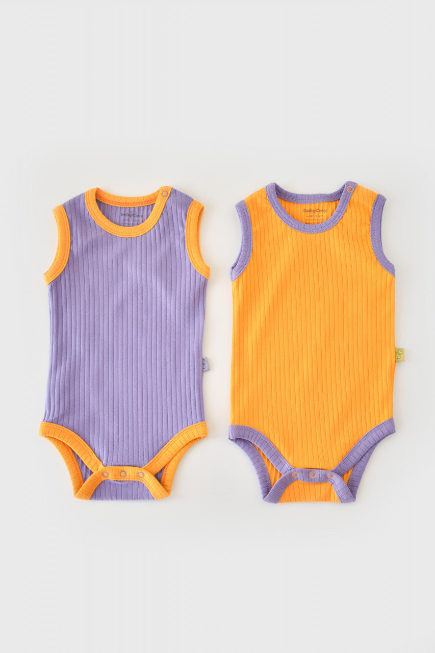 Set 2 body-uri fara maneci Ribana Bebe Unisex din bumbac organic si 5%elastan - Galben/Mov