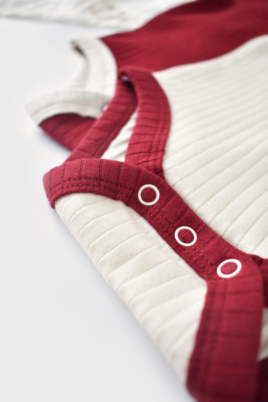 Set 2 body-uri Ribana Bebe Unisex din bumbac organic si 5%elastan - Ecru/Bordo, Baby Cosy