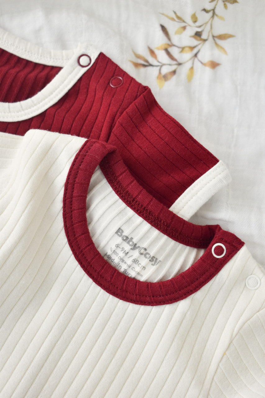 Set 2 body-uri Ribana Bebe Unisex din bumbac organic si 5%elastan - Ecru/Bordo, Baby Cosy