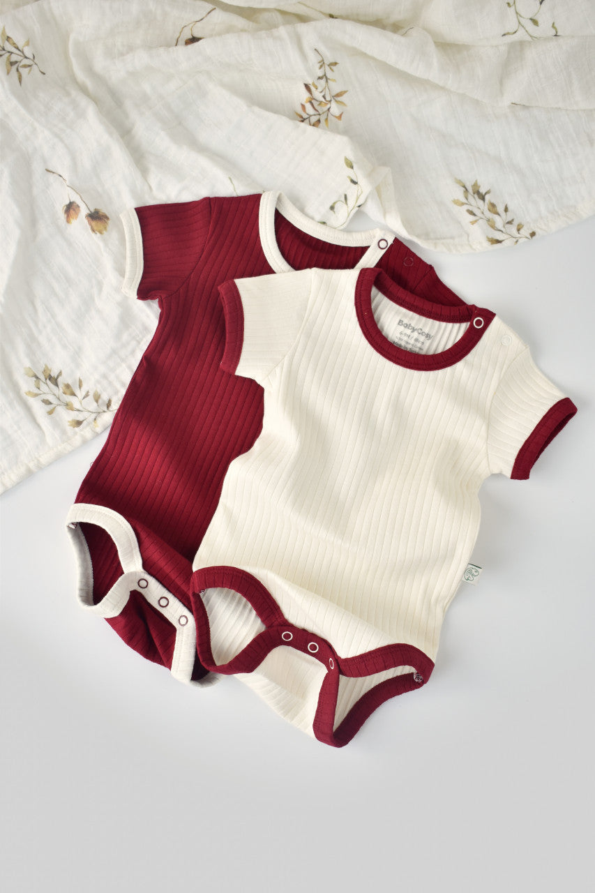 Set 2 body-uri Ribana Bebe Unisex din bumbac organic si 5%elastan - Ecru/Bordo, Baby Cosy