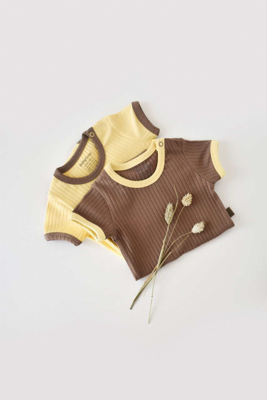 Set 2 body-uri Ribana Bebe Unisex din bumbac organic si 5%elastan - Vanilie/Maro