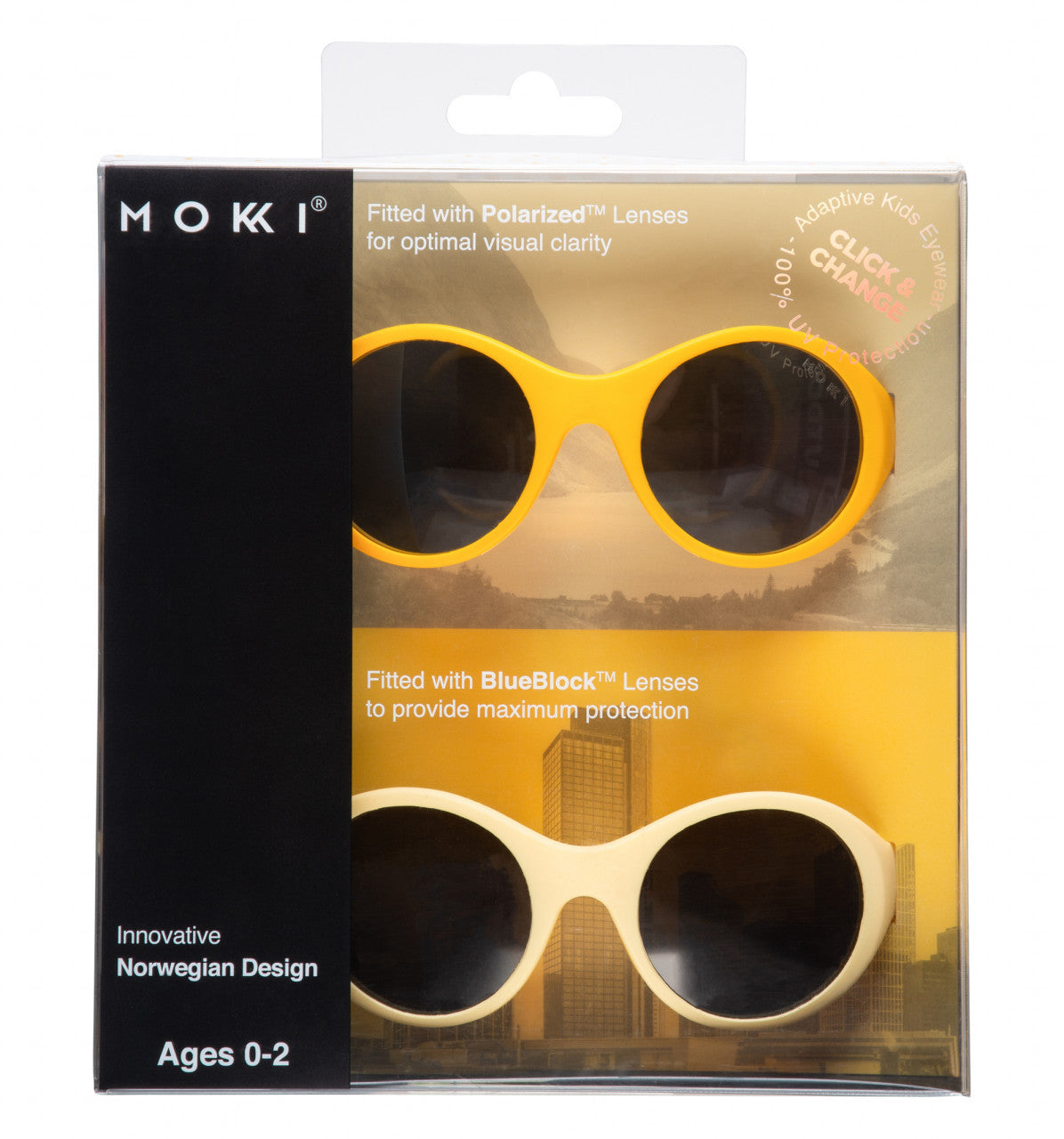 Set 2 ochelari copii Click & Change, galben, 0-2 ani, Mokki