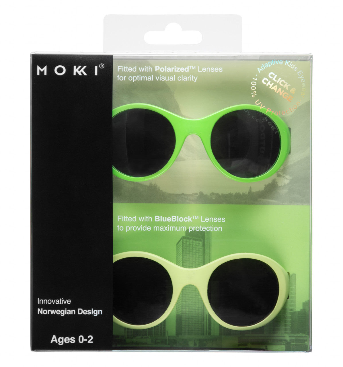 Set 2 ochelari copii Click & Change, verde, 0-2 ani, Mokki