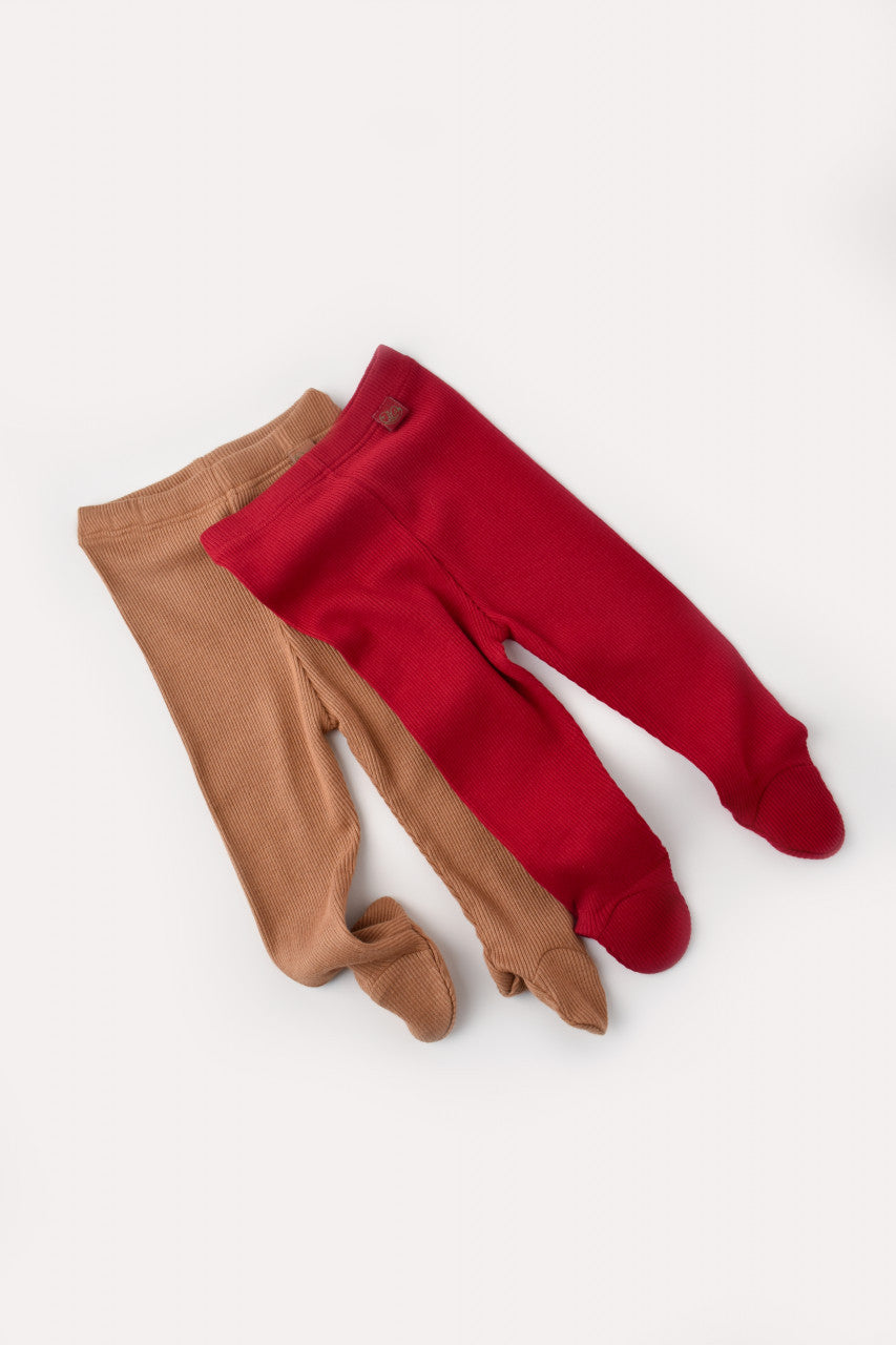 Set 2 pantaloni cu botosei bebe unisex din bumbac organic si modal - Maro/Rosu, Baby Cosy