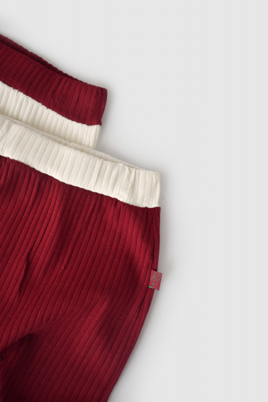 Set 2 pantaloni Ribana Bebe Unisex din bumbac organic si 5%elastan - Ecru/Bordo, Baby Cosy