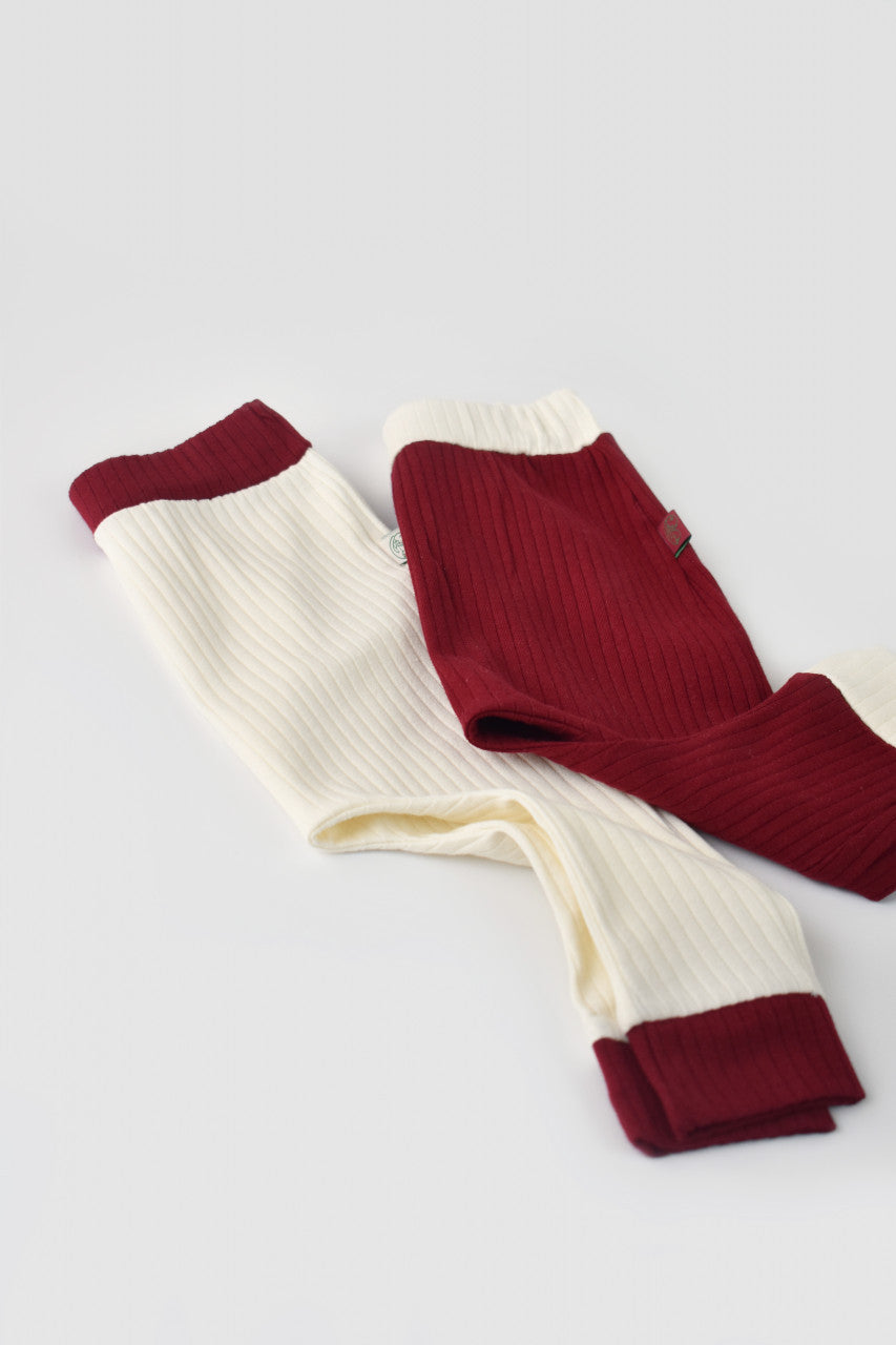 Set 2 pantaloni Ribana Bebe Unisex din bumbac organic si 5%elastan - Ecru/Bordo, Baby Cosy
