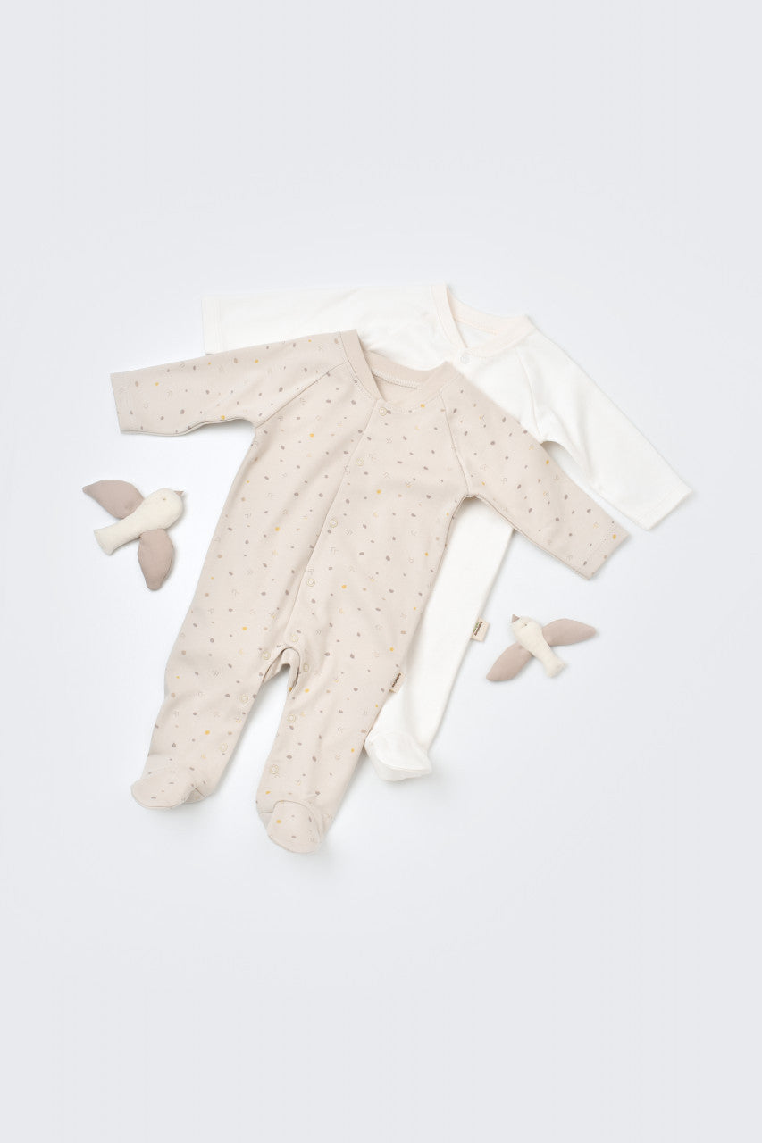 Set 2 salopetele cu maneca lunga si panataloni lungi cu botosei - 100%bumbac organic - Crem cu buline, Baby Cosy