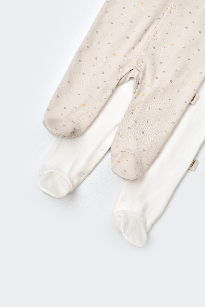 Set 2 salopetele cu maneca lunga si panataloni lungi cu botosei - 100%bumbac organic - Crem cu buline, Baby Cosy