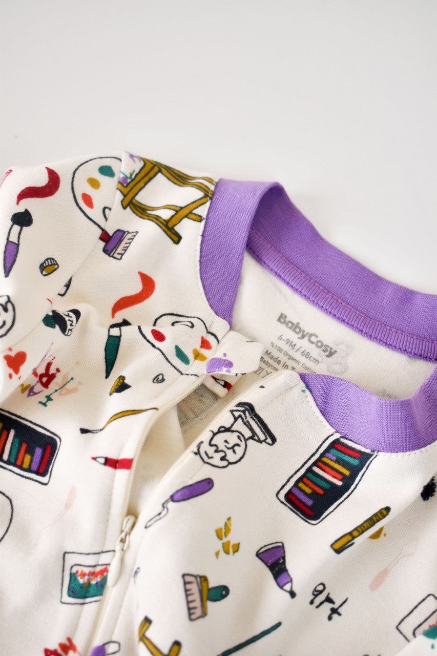 Set 2 salopetele cu maneca lunga si panataloni lungi cu fermoar - 100%bumbac organic - Galben si Mov, Baby Cosy