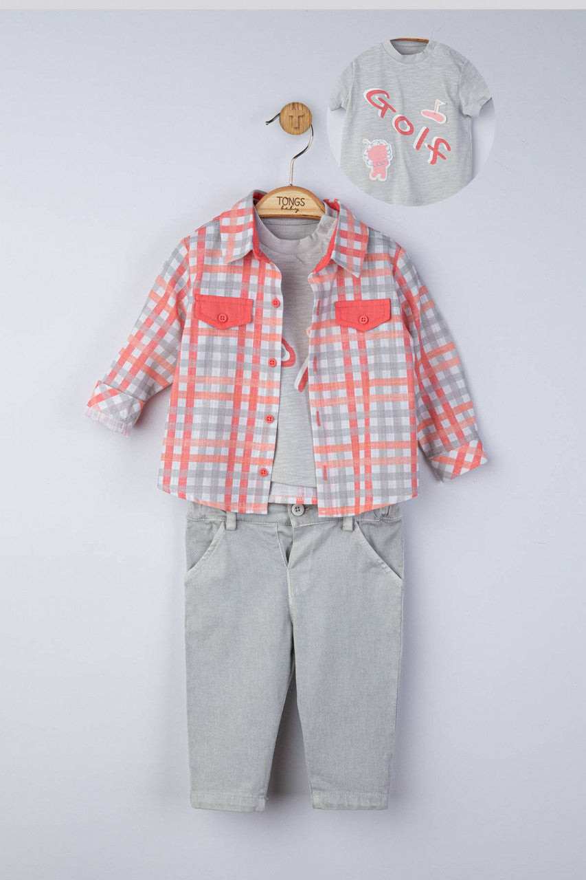 Set 3 piese: blugi, tricou si camasa in carouri pentru bebelusi, Tongs baby