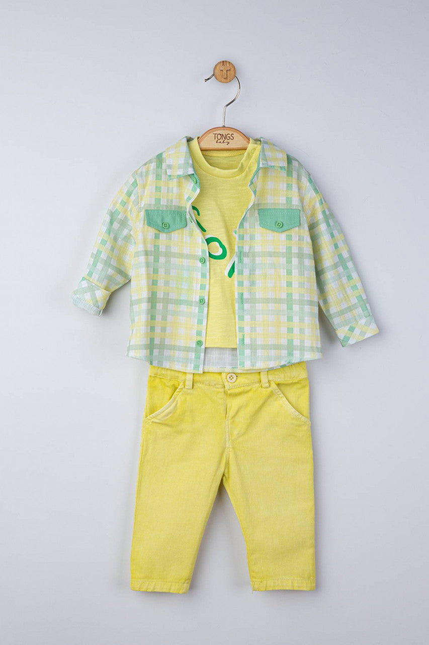 Set 3 piese: blugi, tricou si camasa in carouri pentru bebelusi, Tongs baby
