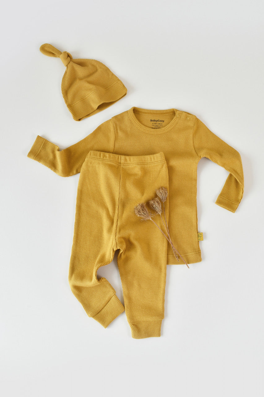 Set 3 piese: bluzita cu maneca lunga, panataloni lungi si caciulita din bumbac organic si modal - Sofran, Baby Cosy