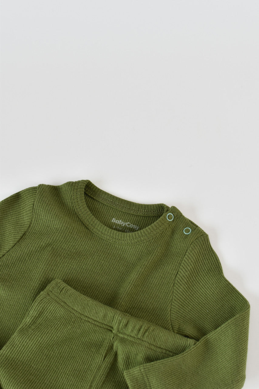 Set 3 piese: bluzita cu maneca lunga, panataloni lungi si caciulita din bumbac organic si modal - Verde, Baby Cosy