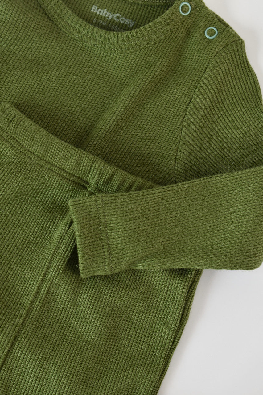 Set 3 piese: bluzita cu maneca lunga, panataloni lungi si caciulita din bumbac organic si modal - Verde, Baby Cosy