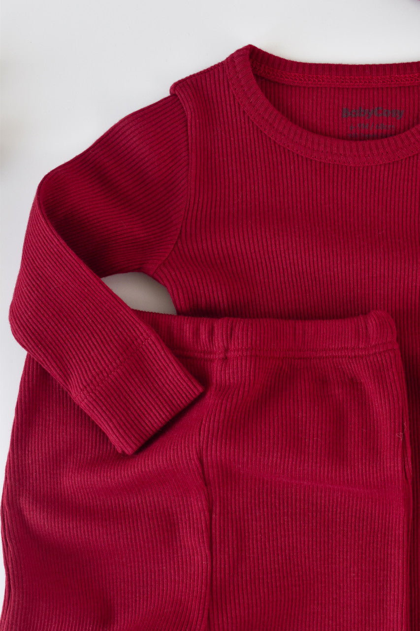 Set 3 piese: body cu maneca lunga, panataloni lungi si caciulita din bumbac organic si modal - Rosu, Baby Cosy