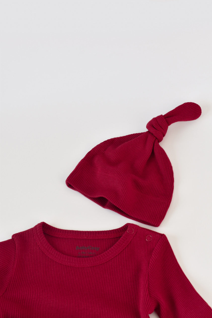 Set 3 piese: body cu maneca lunga, panataloni lungi si caciulita din bumbac organic si modal - Rosu, Baby Cosy