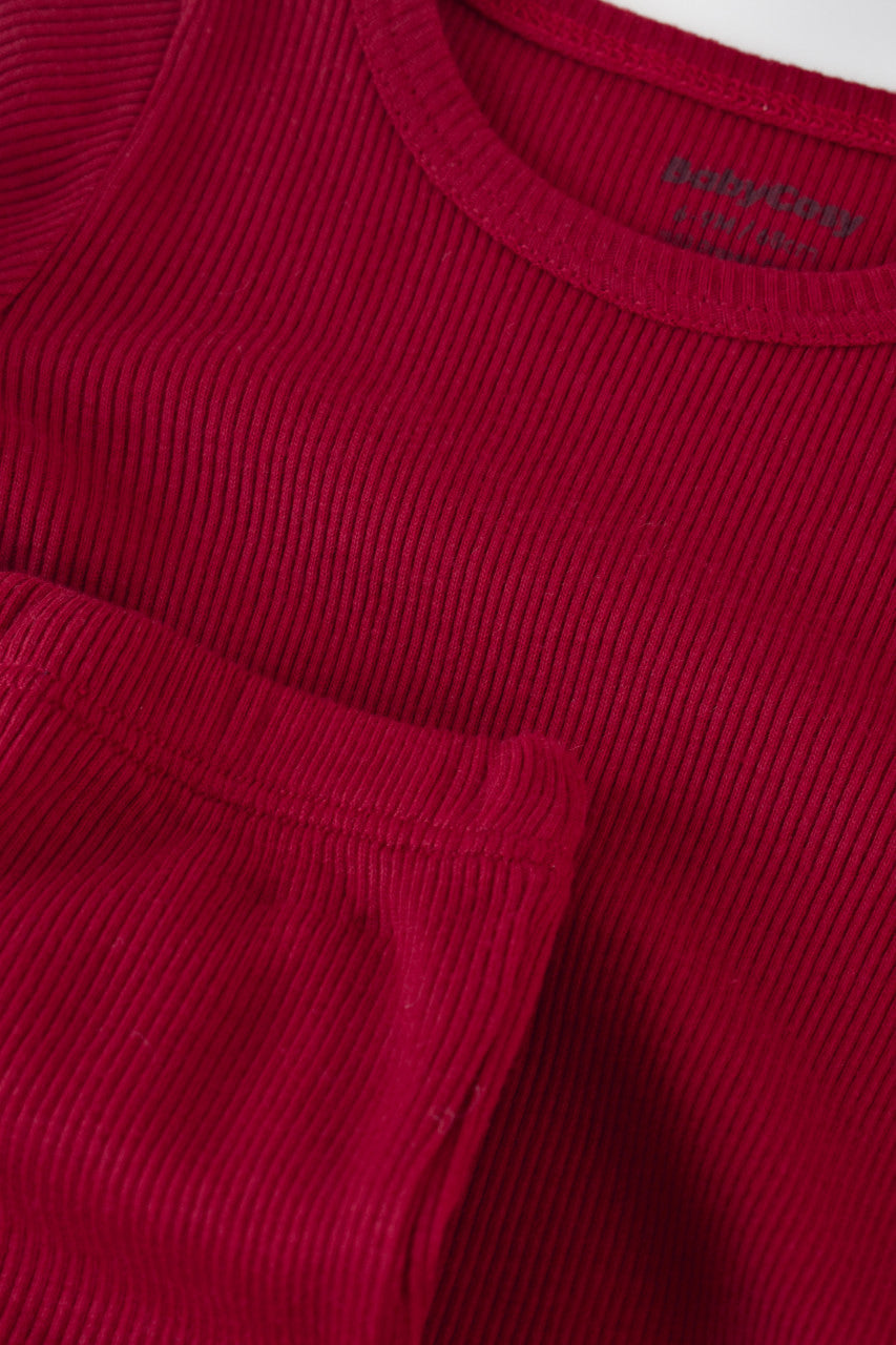 Set 3 piese: body cu maneca lunga, panataloni lungi si caciulita din bumbac organic si modal - Rosu, Baby Cosy