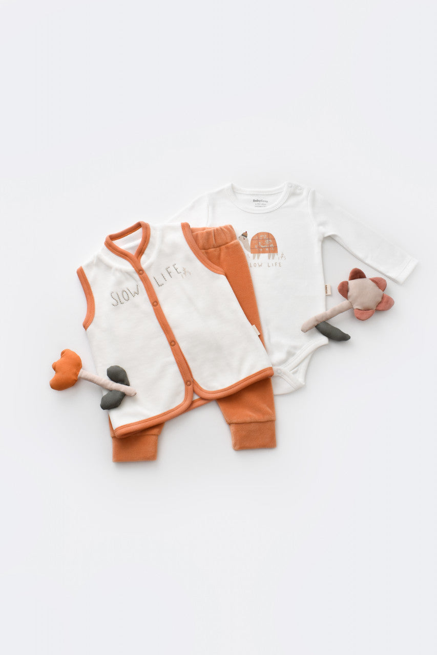 Set 3 piese Broscuta cu body, pantalonasi si vestuta din 80%bumbac organic si 20% poliester - Portocaliu, Baby Cosy