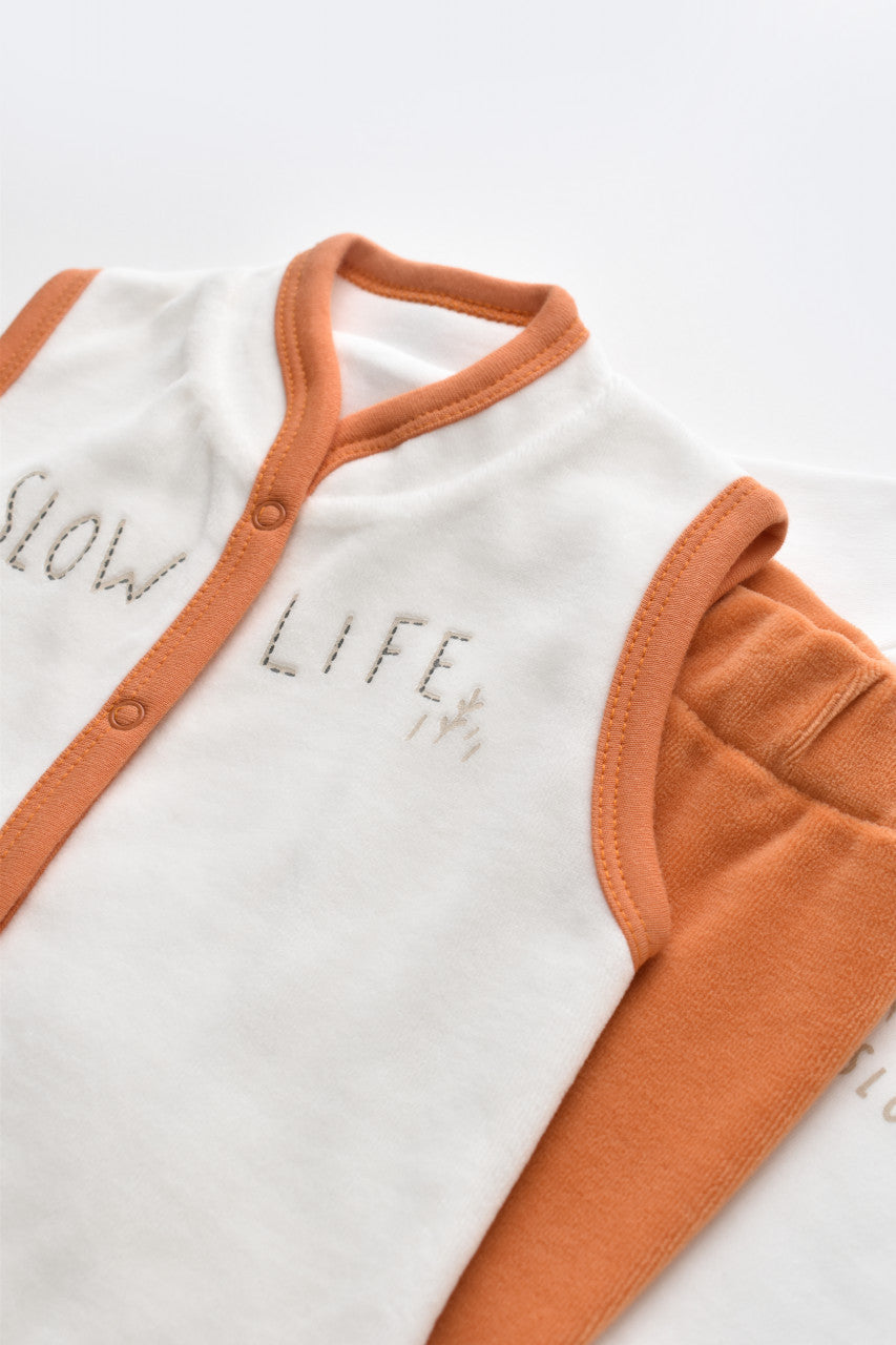 Set 3 piese Broscuta cu body, pantalonasi si vestuta din 80%bumbac organic si 20% poliester - Portocaliu, Baby Cosy