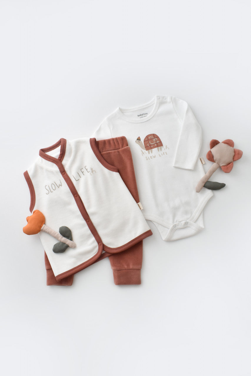 Set 3 piese Broscuta cu body, pantalonasi si vestuta din 80%bumbac organic si 20% poliester - Caramiziu, Baby Cosy