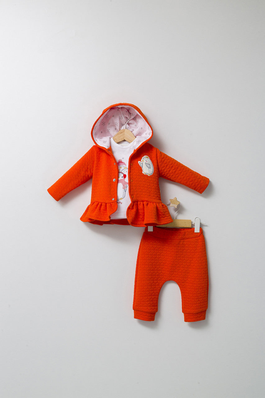 Set 3 piese: pantaloni, bluzita si hainuta cu gluga eleganta pentru bebelusi Crazy Penguins, Tongs baby