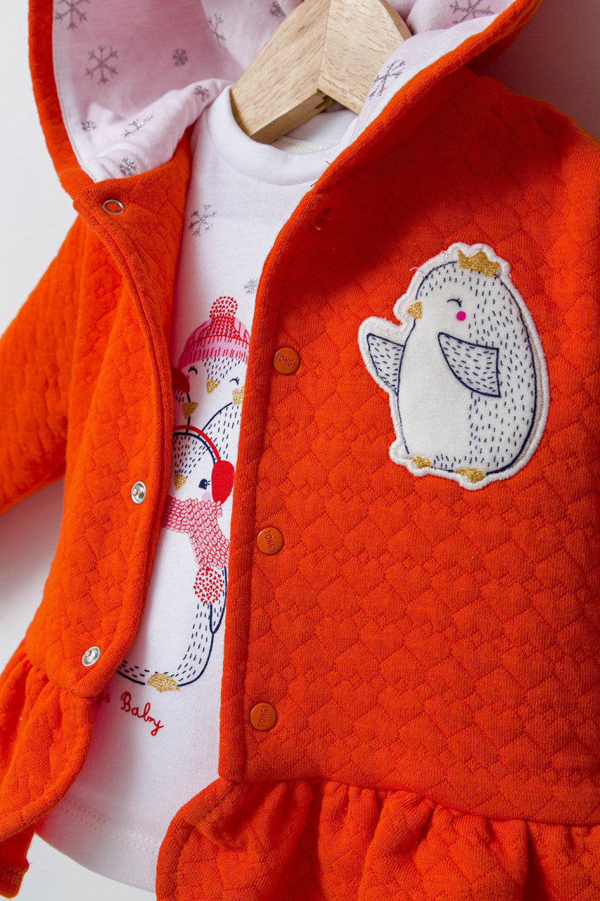 Set 3 piese: pantaloni, bluzita si hainuta cu gluga eleganta pentru bebelusi Crazy Penguins, Tongs baby
