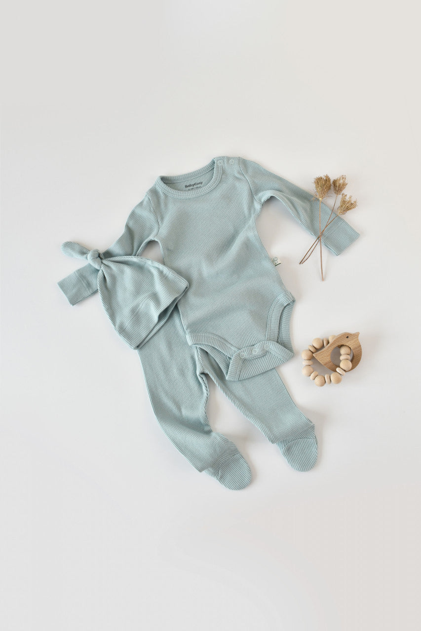 Set 4 piese: bluza, pantaloni, caciulita si manusi din bumbac organic si modal - Mint, Baby Cosy