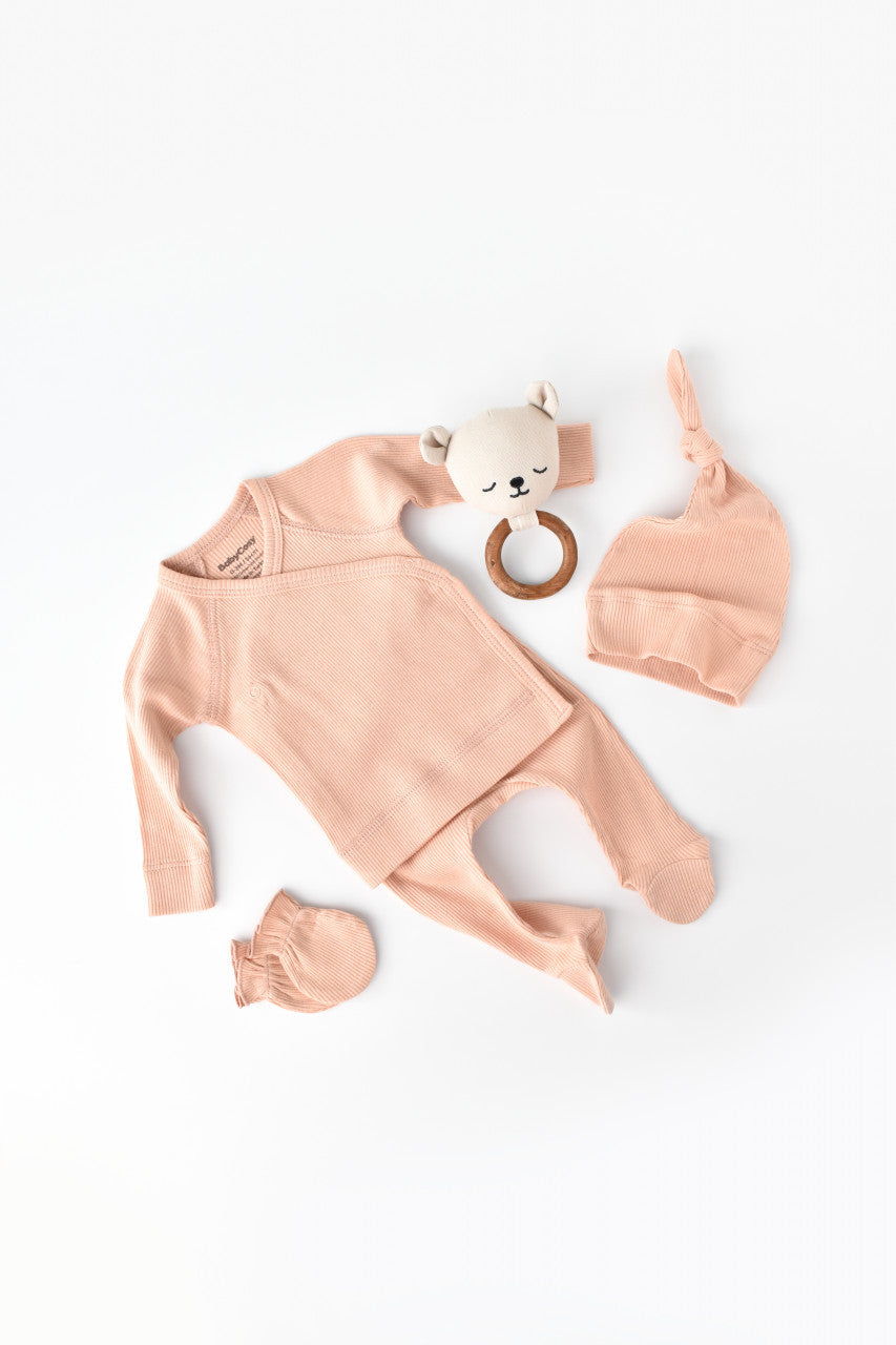Set 4 piese: bluza, pantaloni, caciulita si manusi din bumbac organic si modal - Piersica, Baby Cosy