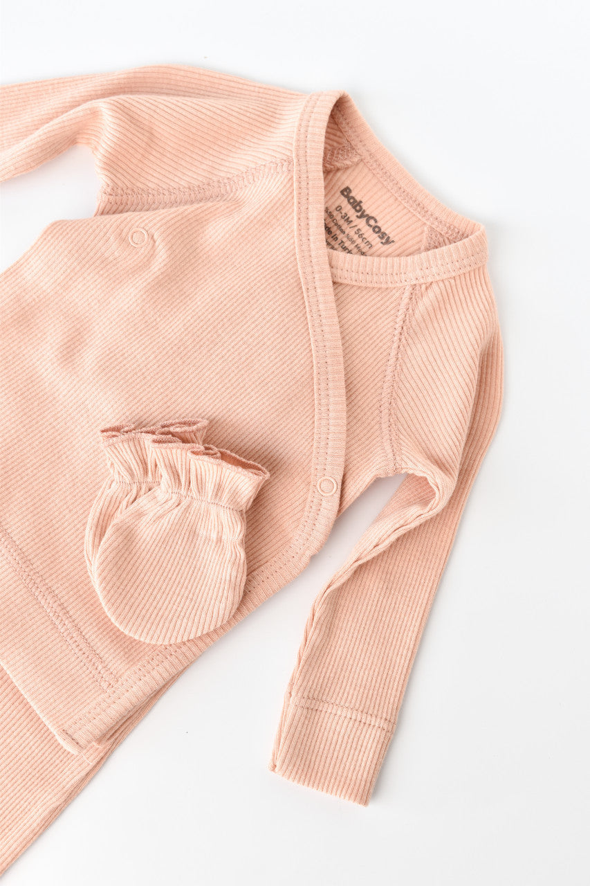 Set 4 piese: bluza, pantaloni, caciulita si manusi din bumbac organic si modal - Piersica, Baby Cosy