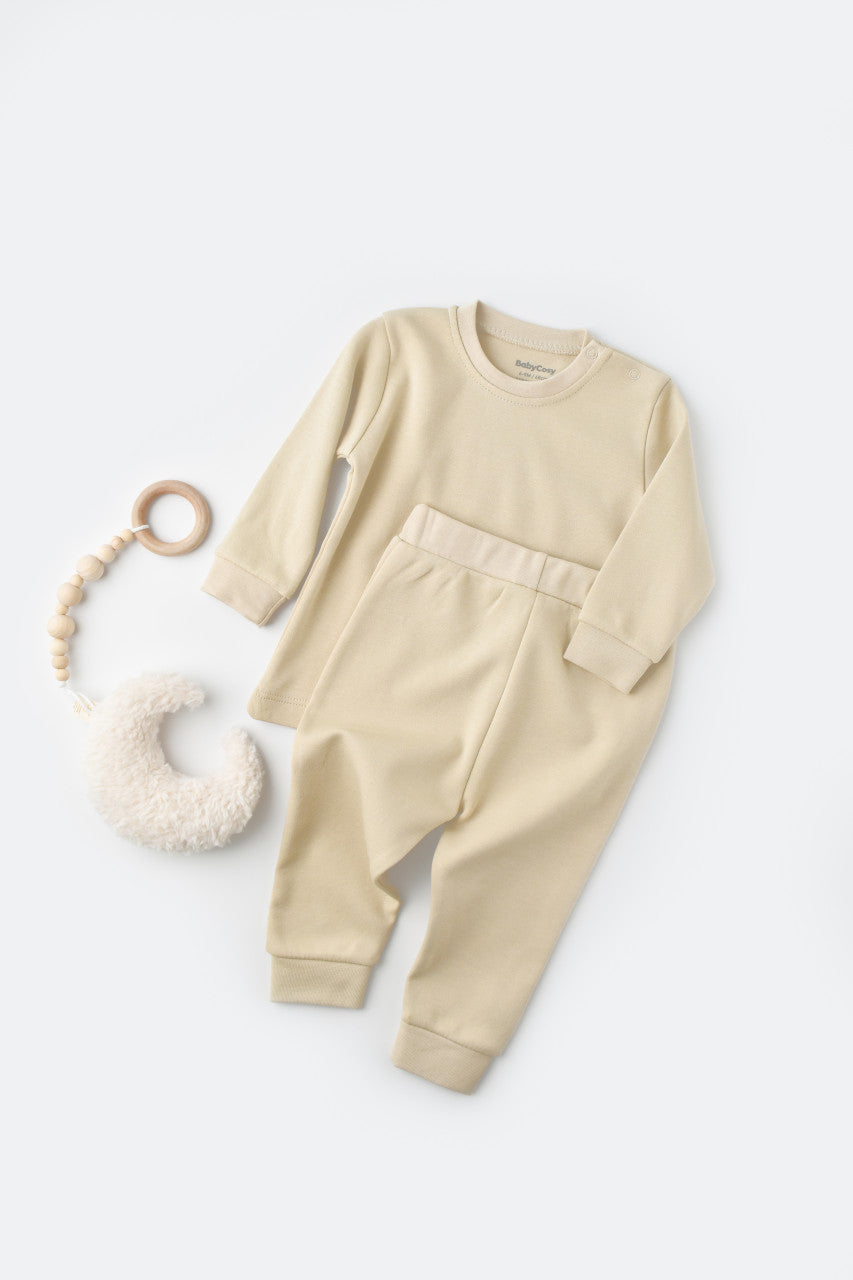 Set bluzita cu maneca lunga si panataloni lungi - bumbac organic 100% - Crem, Baby Cosy