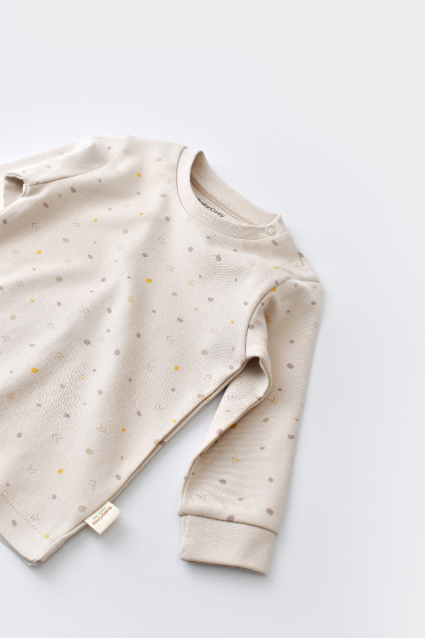Set bluzita cu maneca lunga si panataloni lungi - bumbac organic 100% - Crem cu buline, Baby Cosy