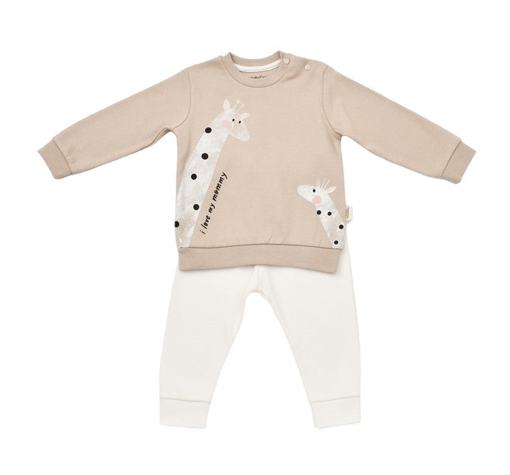 Set bluzita cu maneca lunga si panataloni lungi cu buline Girafa, BabyCosy, 100% bumbac organic, Mink