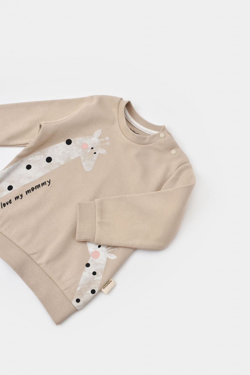 Set bluzita cu maneca lunga si panataloni lungi cu buline Girafa, BabyCosy, 100% bumbac organic, Mink