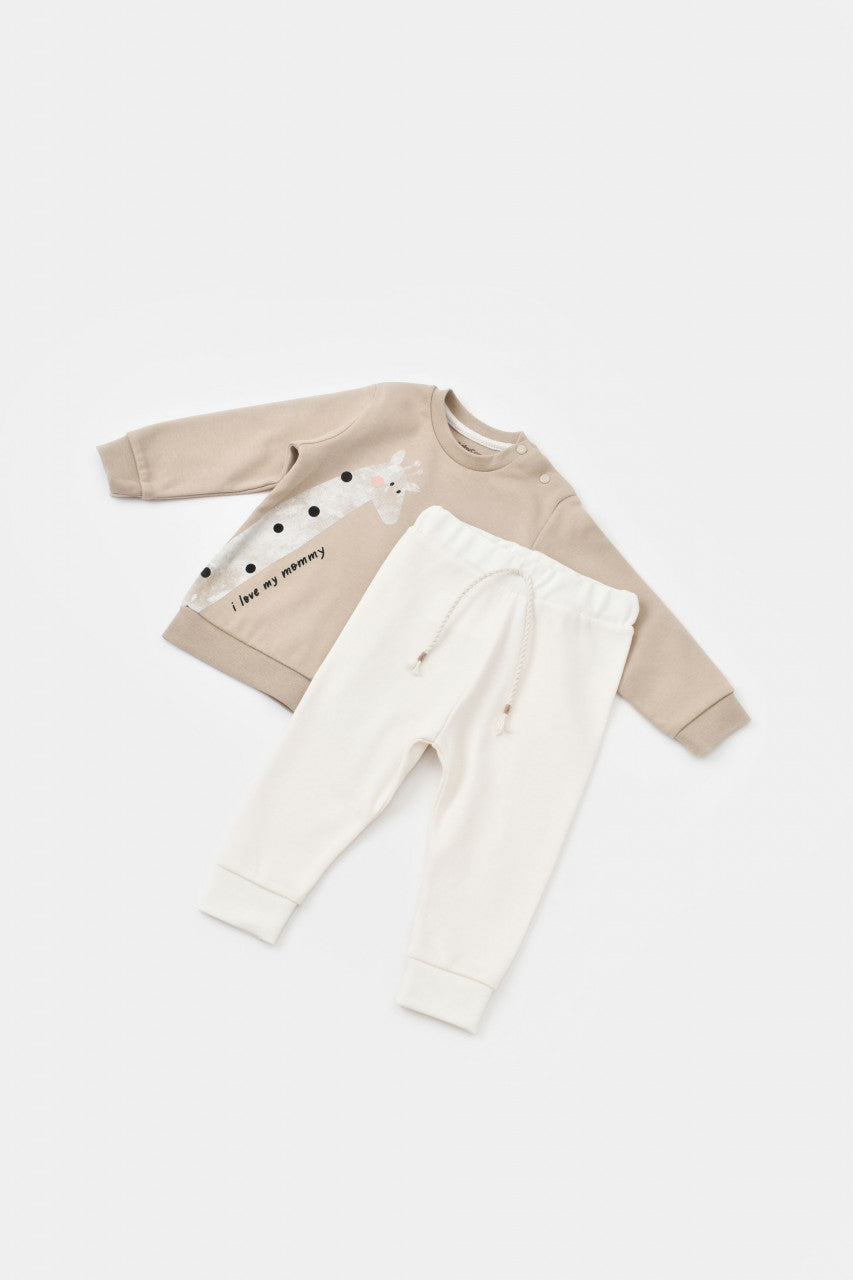 Set bluzita cu maneca lunga si panataloni lungi cu buline Girafa, BabyCosy, 100% bumbac organic, Mink